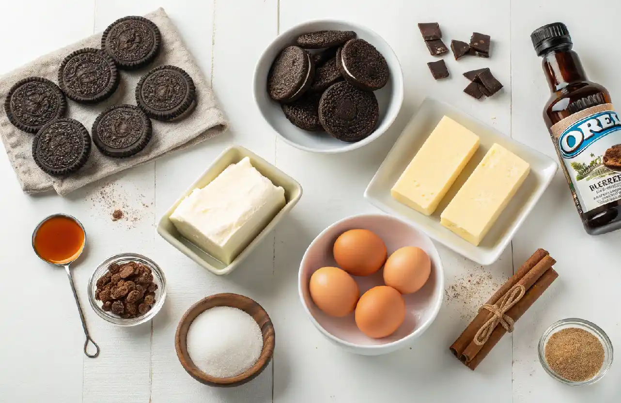 Flat lay of Oreo cheesecake bite ingredients including Oreo cookies, cream cheese, sugar, eggs, vanilla extract, and butter on a clean kitchen surface.