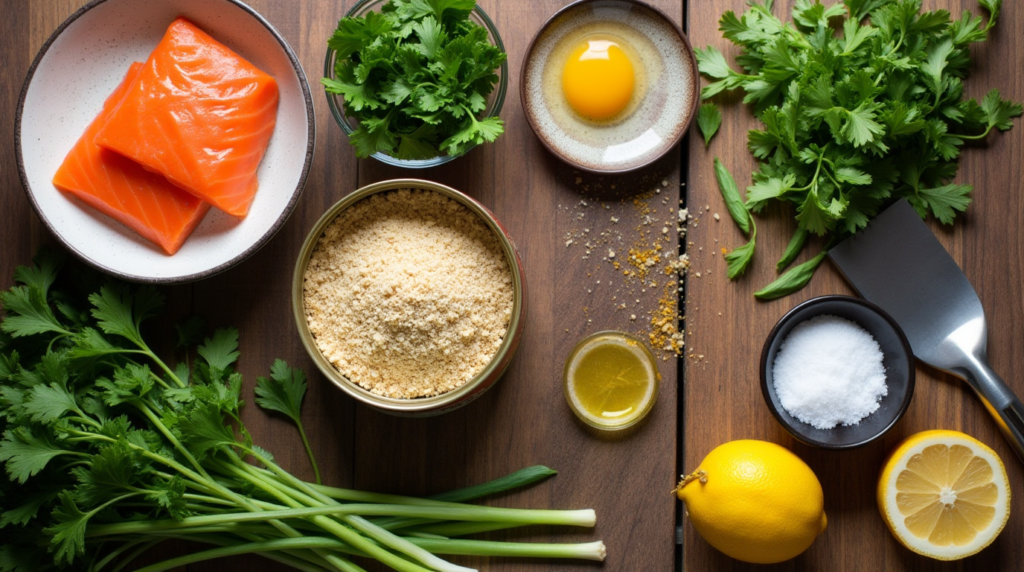 A flat-lay image showcasing the ingredients for making old-fashioned salmon patties: an open can of salmon, a bowl of breadcrumbs, an egg, chopped parsley and green onions, a halved lemon with zest, a dish of salt and pepper, a spatula, and a small bowl of olive oil or butter. All ingredients are arranged on a rustic wooden surface, with natural lighting highlighting their vibrant colors and freshness.