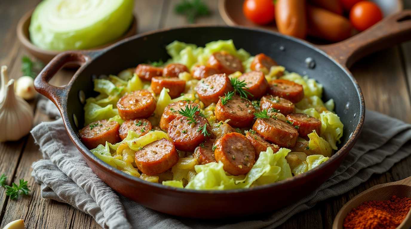 A rustic skillet filled with tender cabbage, golden-brown sausage slices, and caramelized onions on a wooden table, surrounded by fresh ingredients like cabbage, garlic, and seasonings.