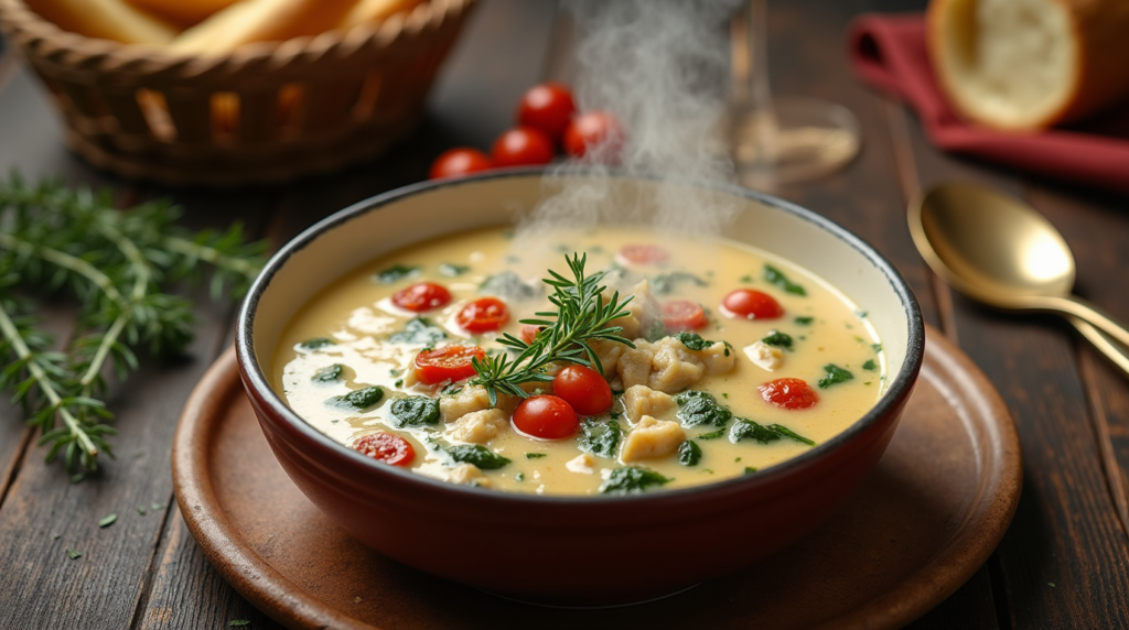 A close-up of creamy Marry Me Chicken Soup in a rustic bowl, featuring tender chicken chunks, sundried tomatoes, fresh spinach, and a sprinkle of Parmesan cheese, with steam rising to show it’s warm and freshly made.