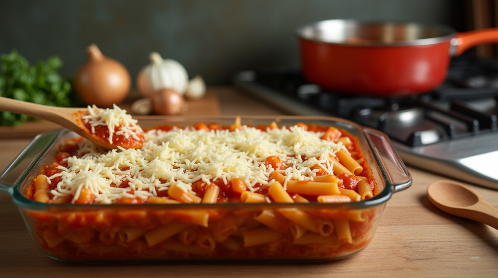 A delicious serving of baked ziti with layers of ziti pasta, tomato sauce, melted mozzarella cheese, and parmesan, served with garlic bread and fresh basil.