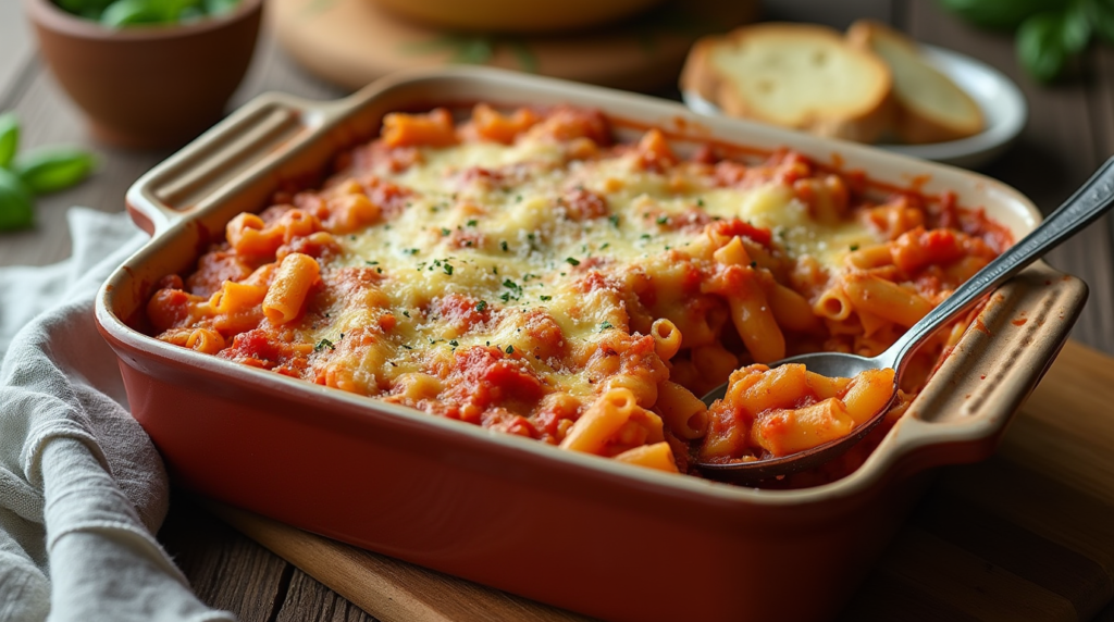 A kitchen scene showcasing the process of making baked ziti, with a baking dish being assembled with layers of ziti pasta, tomato sauce, and melted mozzarella cheese. A spoon spreads the cheese mixture onto the pasta, while in the background, a pot of simmering tomato sauce sits on the stove beside fresh garlic and onions on a cutting board. The warm, inviting lighting highlights the homemade nature of the dish, with neatly arranged ingredients and a wooden spoon nearby