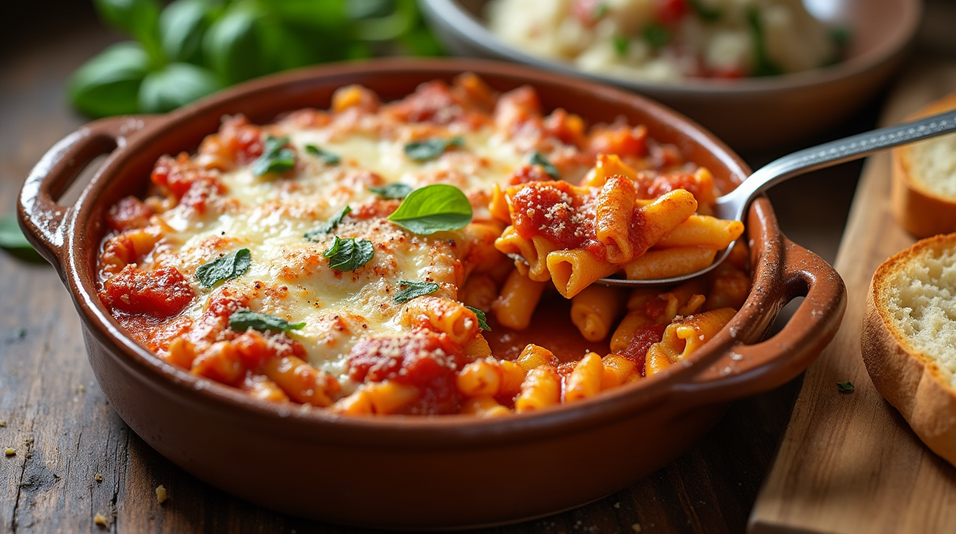 A close-up shot of a baked ziti dish with melted cheese, tomato sauce, and fresh basil leaves in a rustic ceramic baking dish, served with a slice of bread on the side.