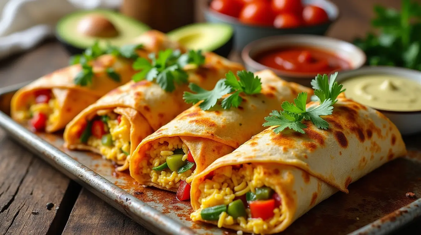Freshly baked sheet pan breakfast burritos arranged on a rustic wooden table, garnished with cilantro and accompanied by bowls of salsa and avocado slices.