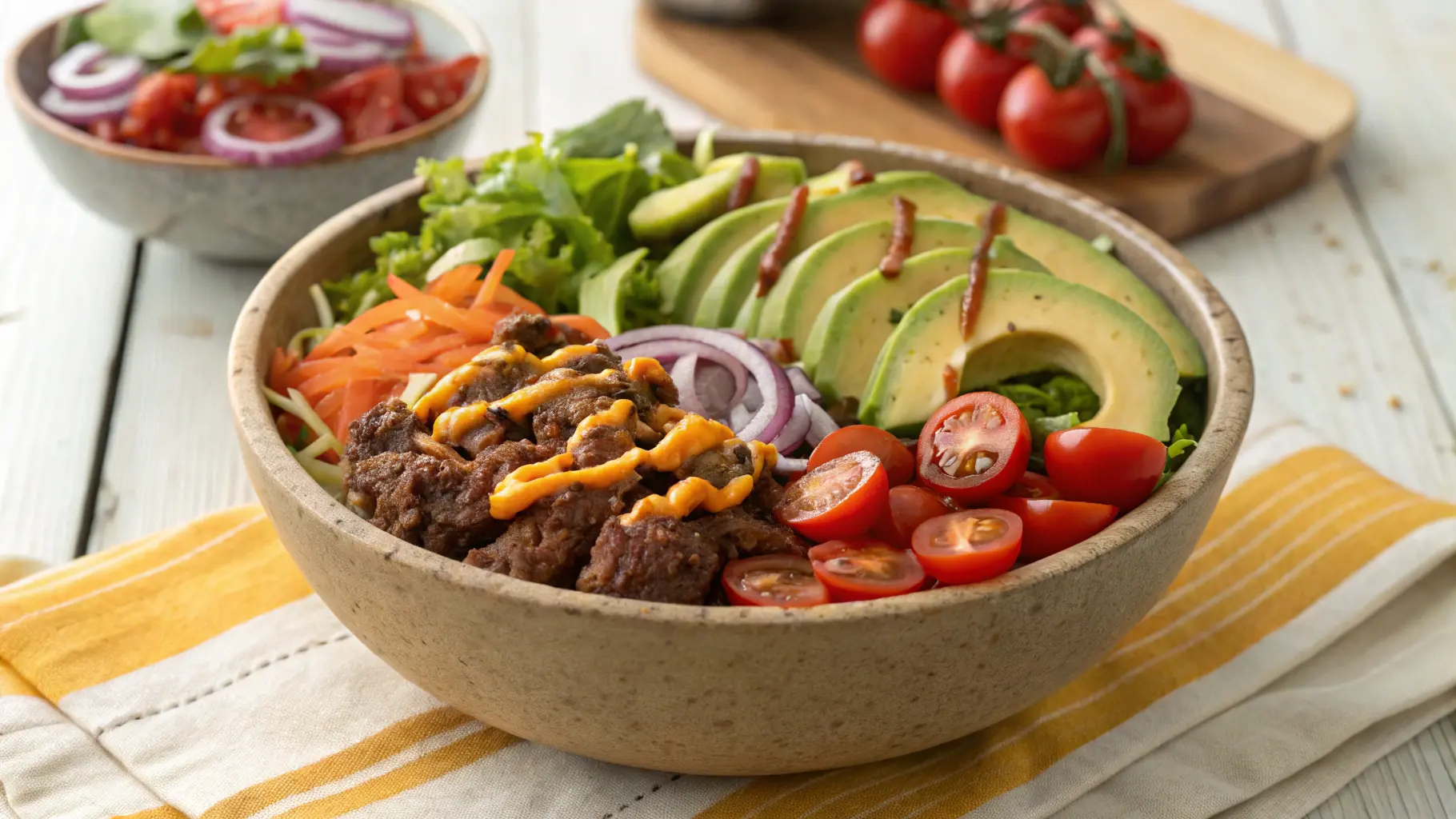 Colorful burger bowl with ground beef, avocado, tomatoes, cheese, and sauce in a ceramic bowl on a wooden table.