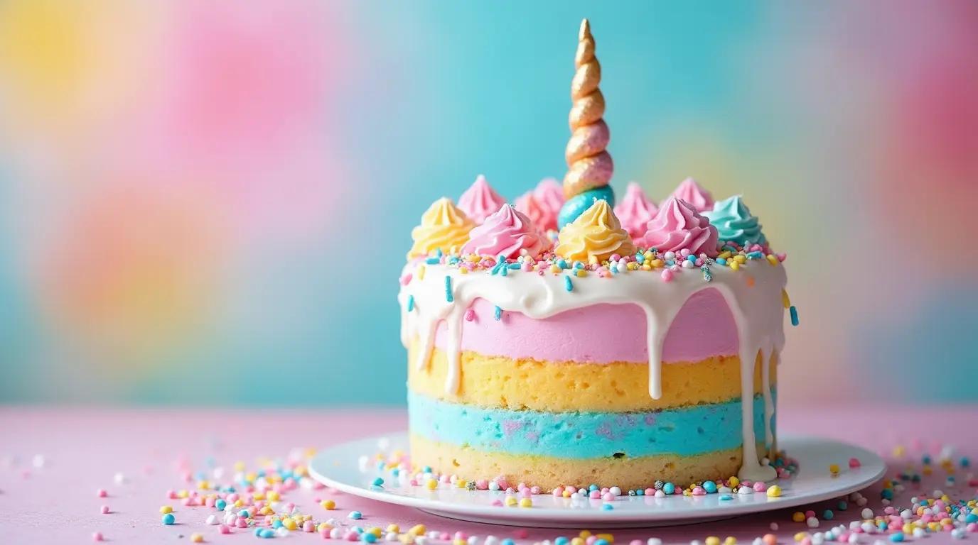 A colorful unicorn cake with multiple layers, decorated with pastel shades, sprinkles, and whimsical unicorn-themed toppers on a cheerful table setting.