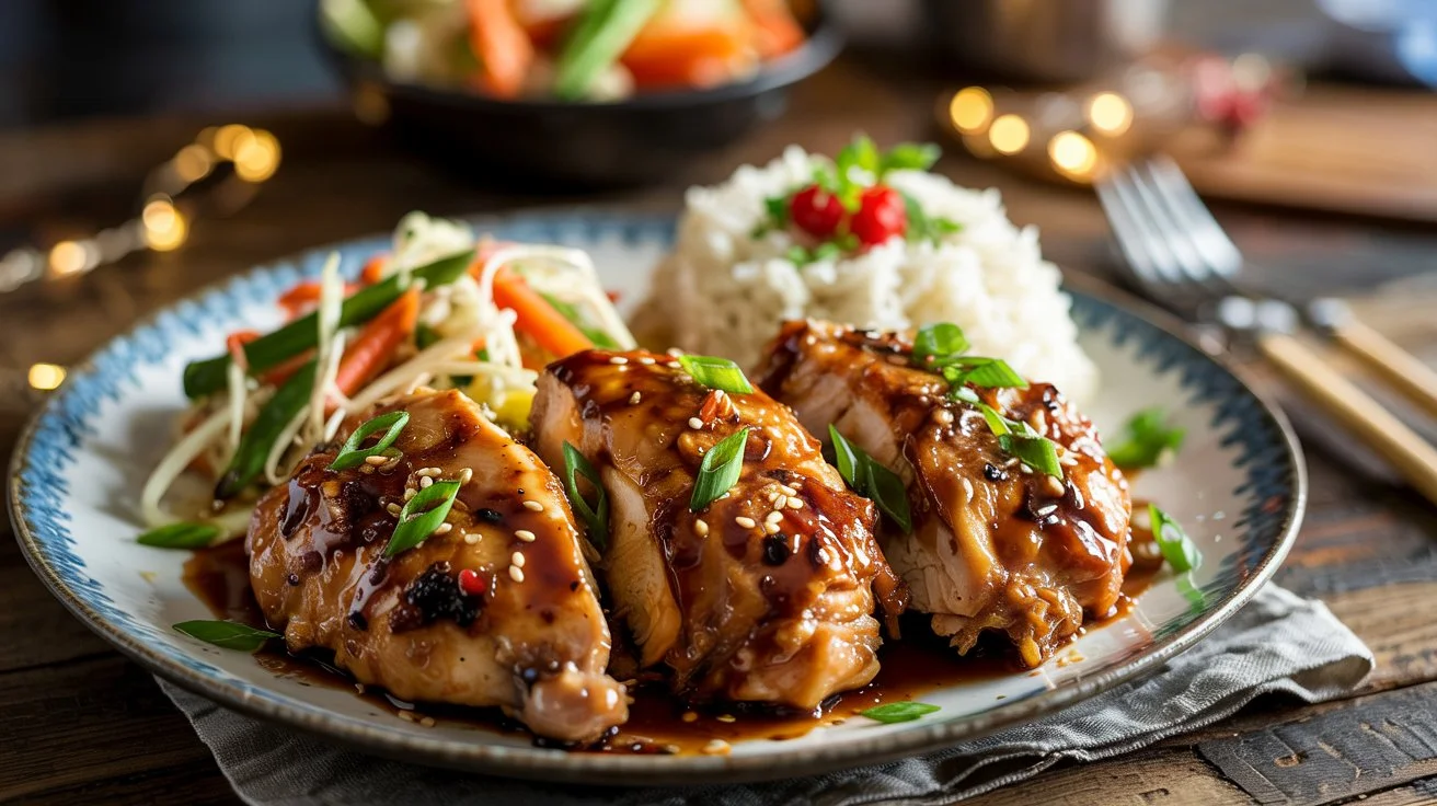 Delicious baked teriyaki chicken garnished with sesame seeds and green onions, served with steamed rice and stir-fried vegetables.