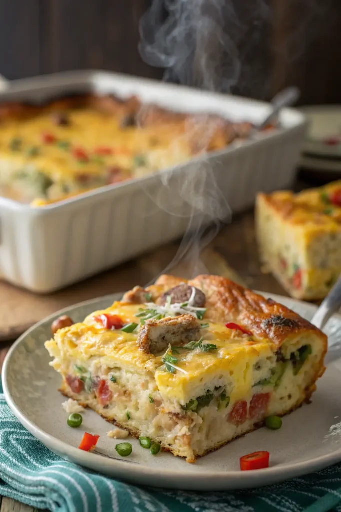 Step-by-step scene of Crack Breakfast Casserole being assembled, with layered ingredients in a dish and whisked eggs being poured over the top