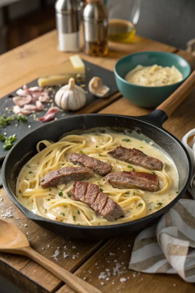 Seared steak strips cooking in a skillet with garlic and butter, creating a creamy garlic Parmesan sauce for steak pasta.