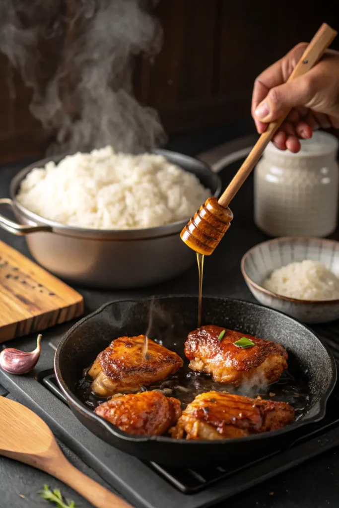 Cooking Honey BBQ Chicken in a skillet while rice simmers in the background.