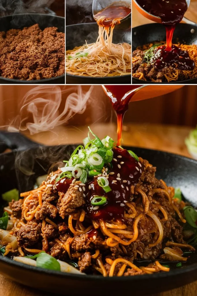 Step-by-step visuals of Mongolian ground beef noodles being cooked in a skillet with sauce, noodles, and garnishes.