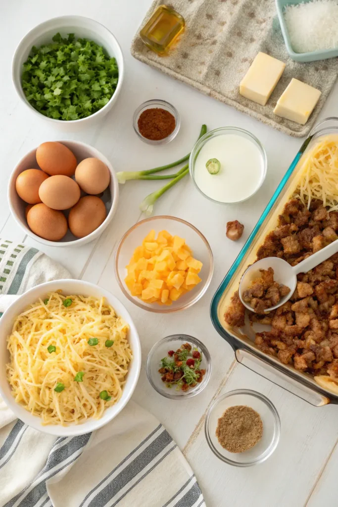 Overhead view of ingredients for Crack Breakfast Casserole, including shredded cheese, hash browns, eggs, sausage, bacon, and green onions in bowls
