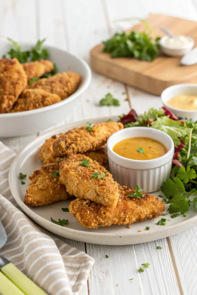 Golden brown air fryer chicken tenders served on a white plate with dipping sauce, fresh parsley, and a side salad on a rustic wooden table