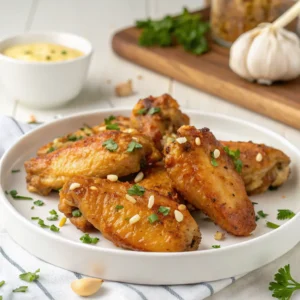 Plate of crispy garlic butter chicken wings garnished with herbs and pine nuts, served with dipping sauce.