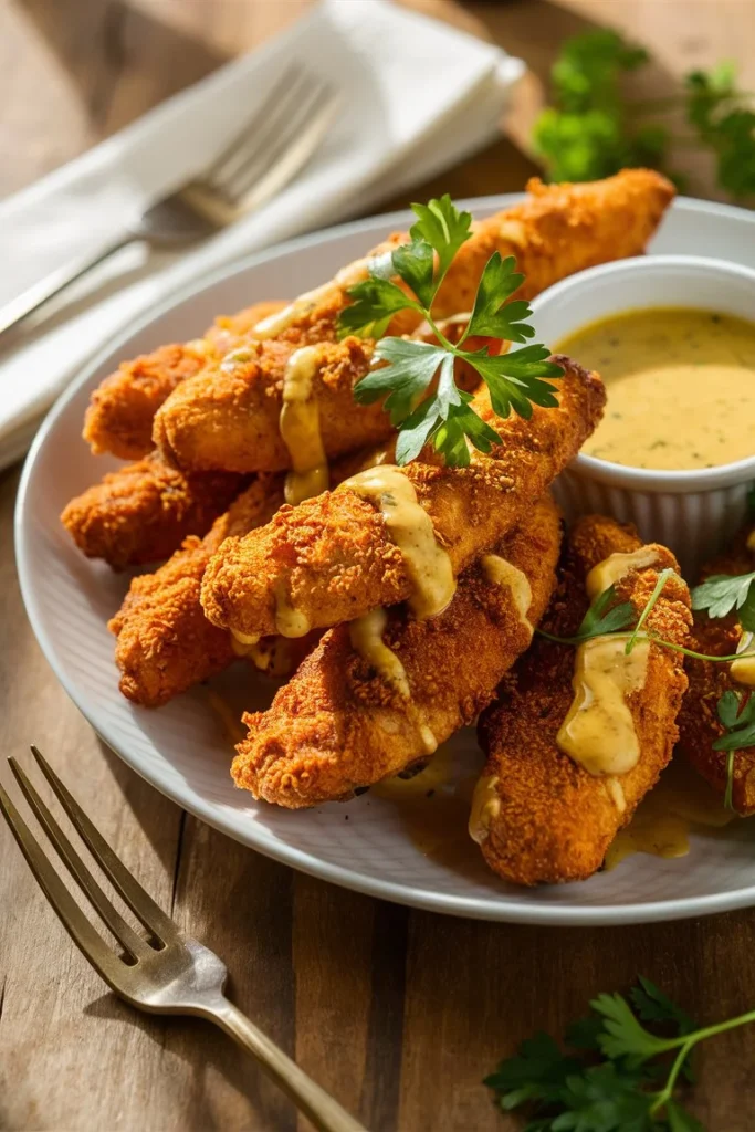 Air fryer chicken tenders served with dipping sauce and fresh parsley on a family-style plate