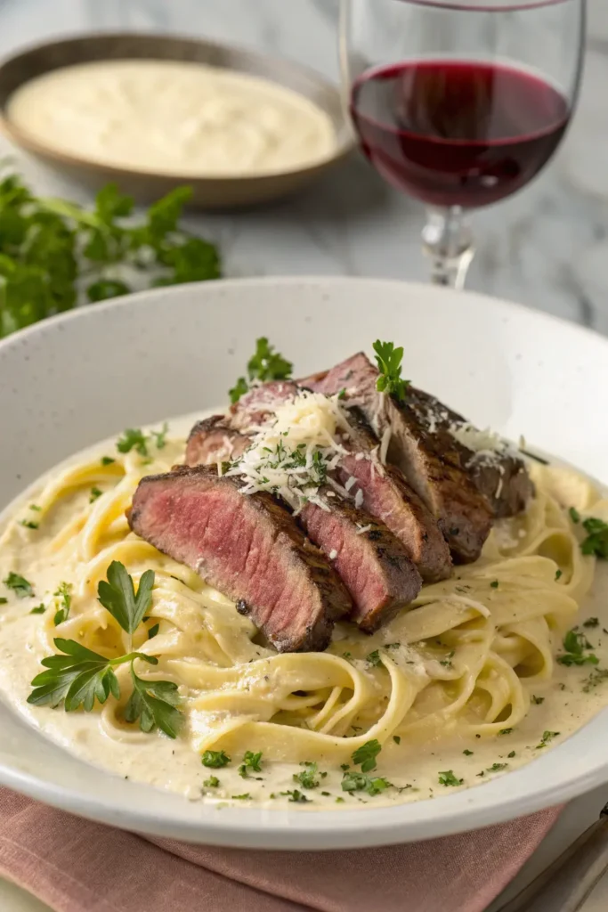 A beautifully plated creamy steak pasta with tender steak slices, garlic Parmesan sauce, fresh parsley, and a glass of red wine.