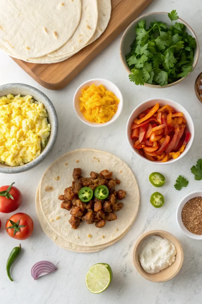 A flat lay of breakfast burrito ingredients including scrambled eggs, sausage, shredded cheese, diced peppers, onions, flour tortillas, and spices arranged on a kitchen countertop.
