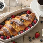 Top-down view of a freshly baked Berry Croissant Bake in a white dish, with mixed berries, powdered sugar, coffee, and whipped cream on a rustic table.