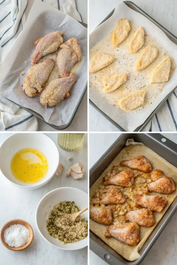 Top-down view of raw chicken wings, garlic, butter, and seasonings arranged neatly on a wooden surface with ingredient labels