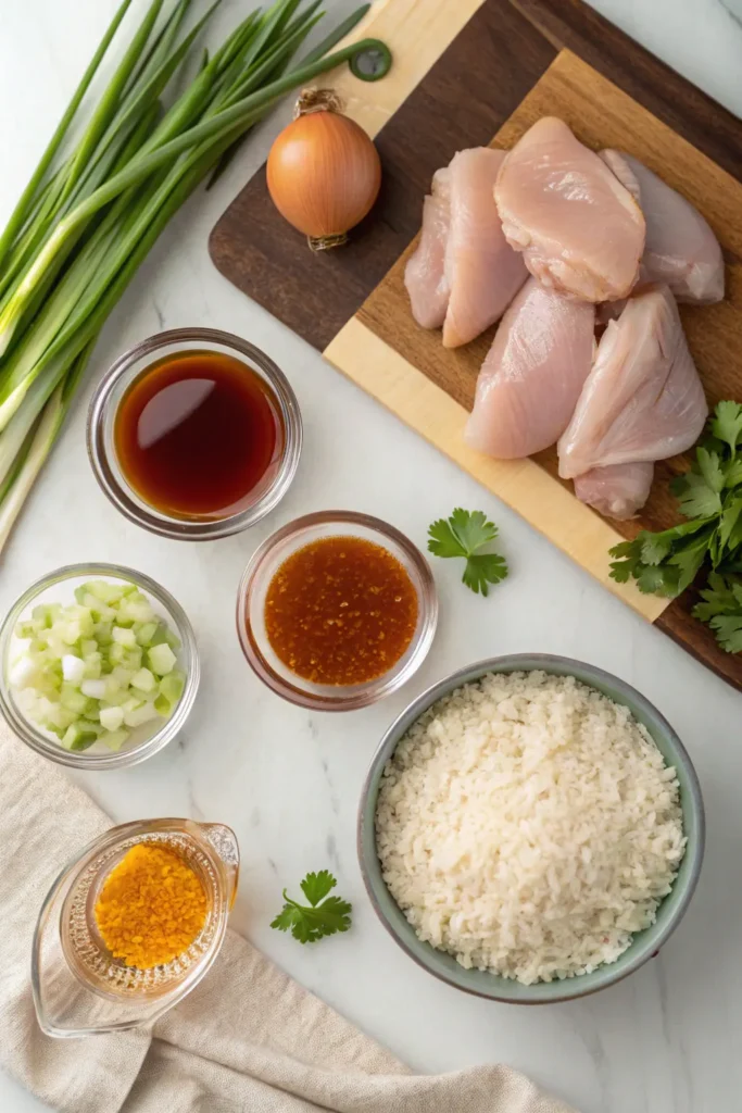 Flat-lay of Honey BBQ Chicken Rice ingredients arranged on a kitchen counter.
