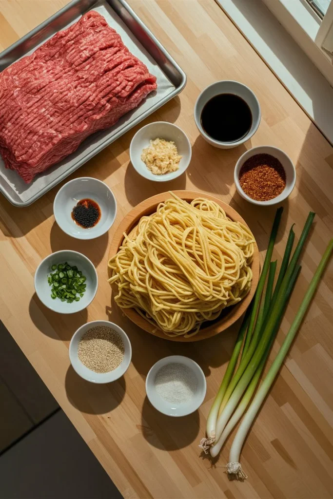 Flat lay of Mongolian ground beef noodle ingredients including raw beef, dry noodles, sauces, and spices on a wooden surface.