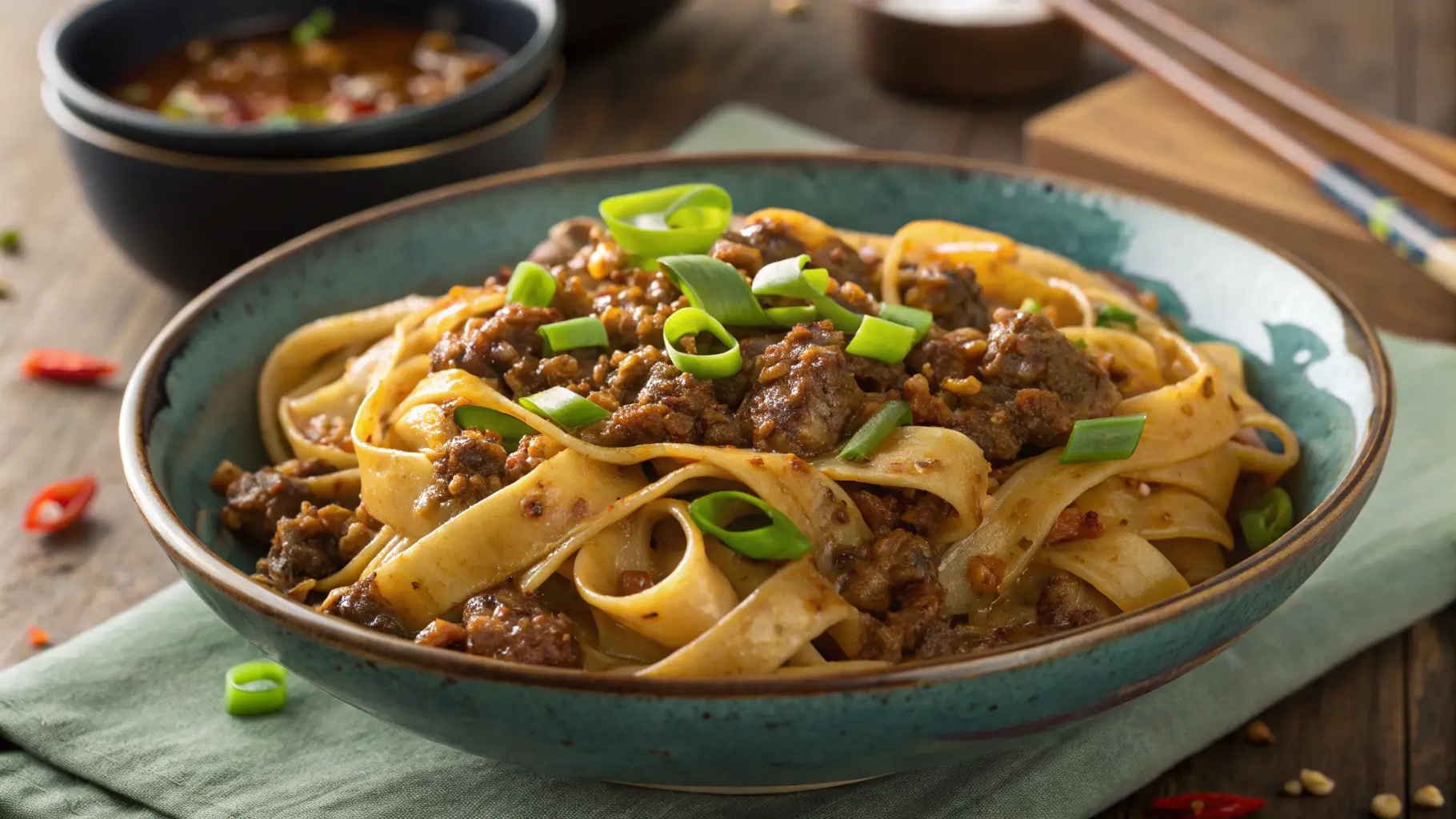 A bowl of Mongolian ground beef noodles topped with green onions and sesame seeds, served on a wooden table with chopsticks and side vegetables.