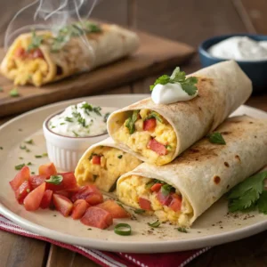 breakfast burritos filled with scrambled eggs, red bell peppers, and herbs, served with sour cream and diced tomatoes.
