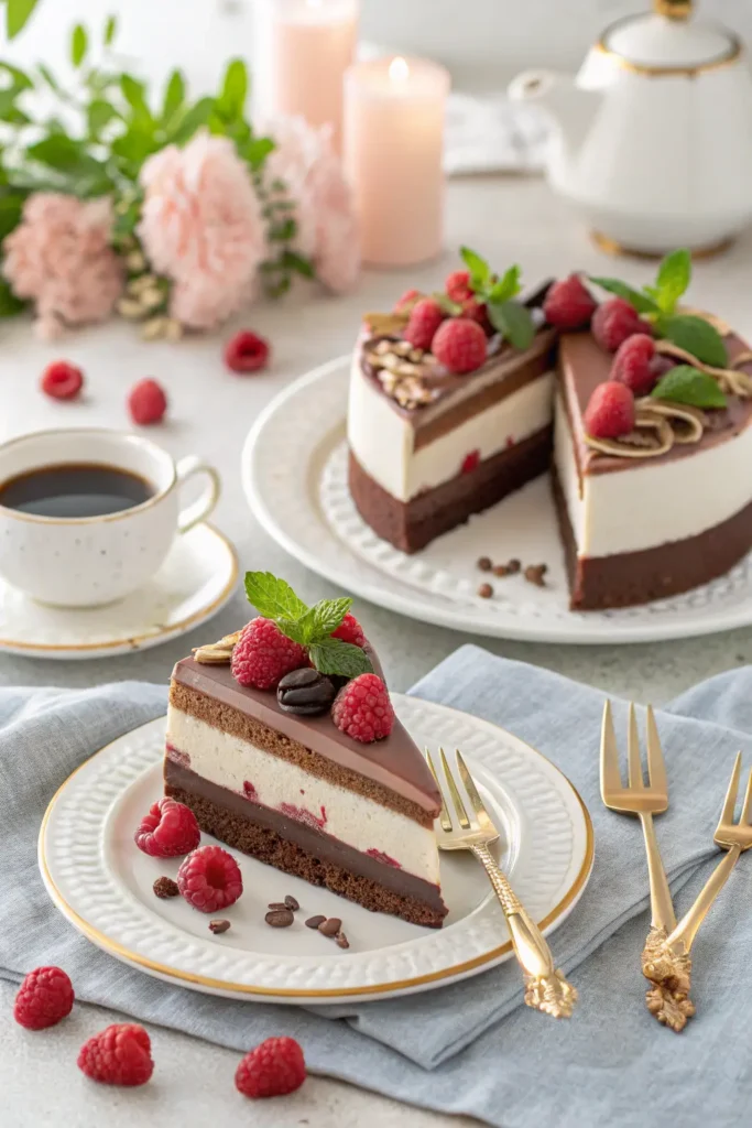 Triple chocolate mousse cake slices with raspberries and mint on elegant dessert plates