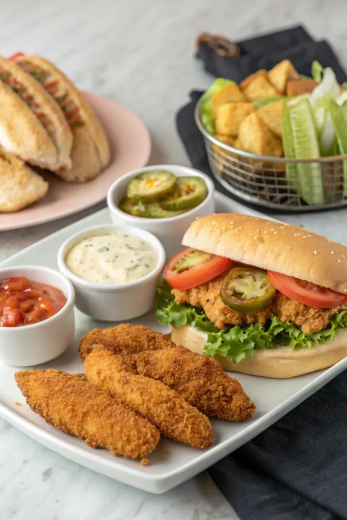 Air fryer chicken tenders served three ways: with a fresh side salad, in a sandwich with lettuce and tomato, and on a party platter with assorted dipping sauces