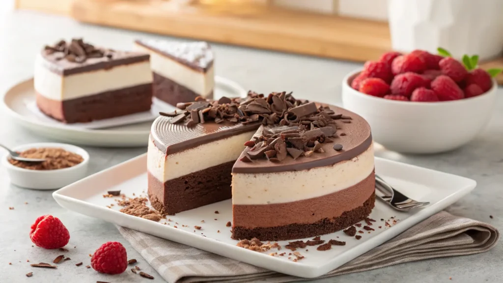 Triple chocolate mousse cake with dark, milk, and white chocolate layers topped with raspberries
