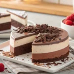 Triple chocolate mousse cake with dark, milk, and white chocolate layers topped with raspberries
