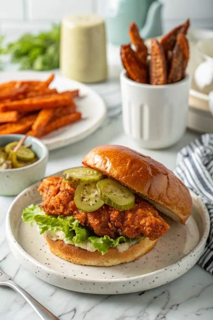 Hot honey chicken sandwich on a brioche bun with lettuce and pickles, served with sweet potato fries on a white plate in a modern diner setting.