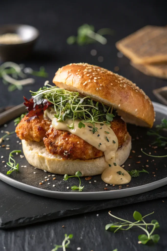 Gourmet hot honey chicken sandwich with microgreens and aioli on a sesame bun, served on a dark slate plate in an upscale restaurant setting.